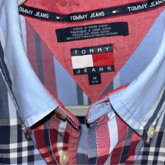 1990’s TOMMY JEANS RED & BLUE PLAID SS MED LOGO BUTTONED DOWN - Picture 2 of 14